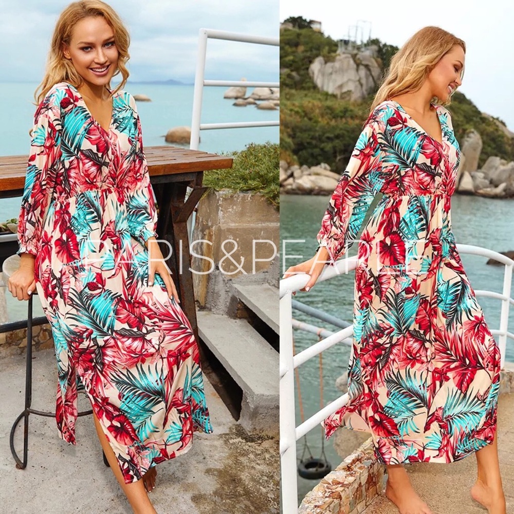 Cozumel Bright Tropical Floral Print Maxi Dress